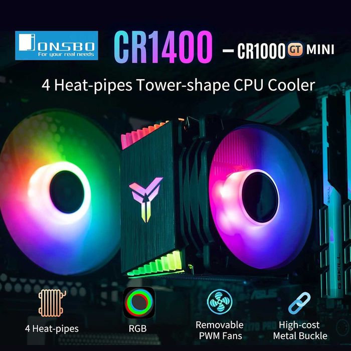 Cooler CPU Aer JONSBO CR1400 RGB PWM 92mm 4 conducte căldură,Ventilatoare PC detașabile Intel LGA 1851 1700 1200 1151, AMD AM4 AM5, Negru