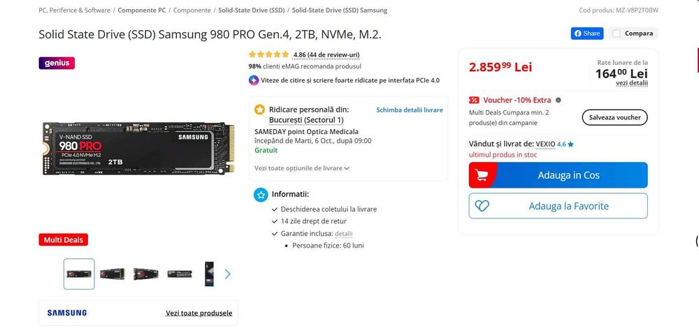 Solid State Drive 2 tb (SSD) Samsung 980 PRO Gen.4, 2TB, NVMe , sigilat , nou