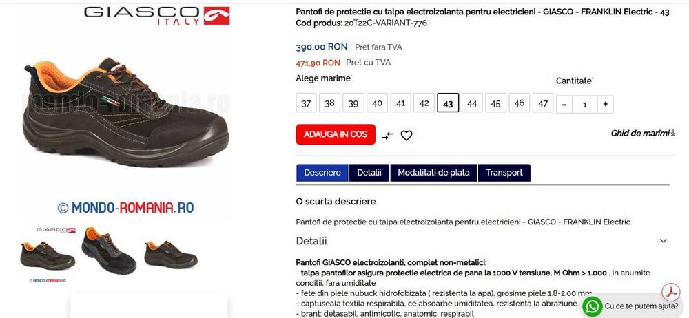 Giasco 3RUN Dielectric Sole safety shoes pantofi lucru Nr.43