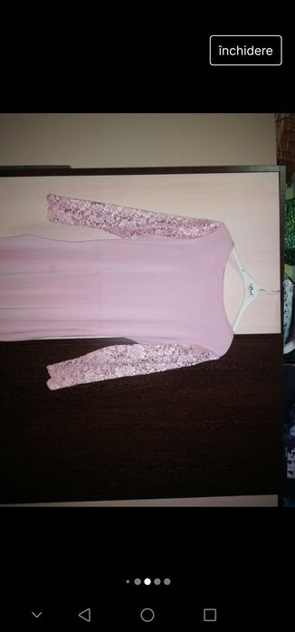 Rochie de ocazie lungă roz pudrat XL cu dantelă și paiete