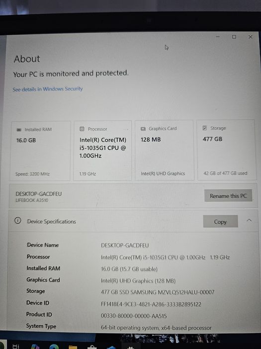 Laptop Fujitsu model a3510 I5 gen 10 16 giga ram 512 ssd