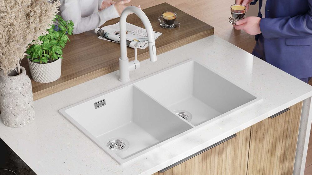 Бял гранитна мивка с две корита за вграЛондон 80 Twin 760 x 470 мм