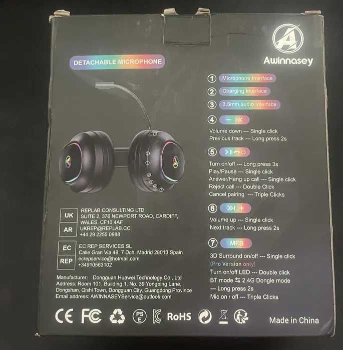 Безжични слушалки за игри Awinnasey 2.4GHz с кабелен режим, 5.4 Blueto