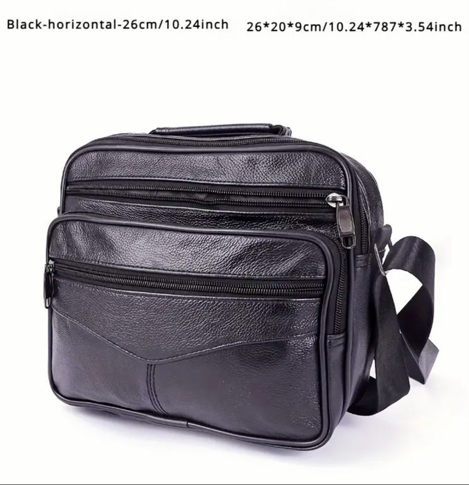 Мъжка квадратна кожена чанта за през рамо/Обемна от черна естест. кожа