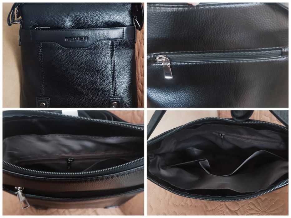 НОВА мъжка черна чанта от естествена кожа + портфейл Подарък