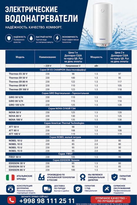 Водонагреватель электрический Thermex 10L/100L В широком ассортименте