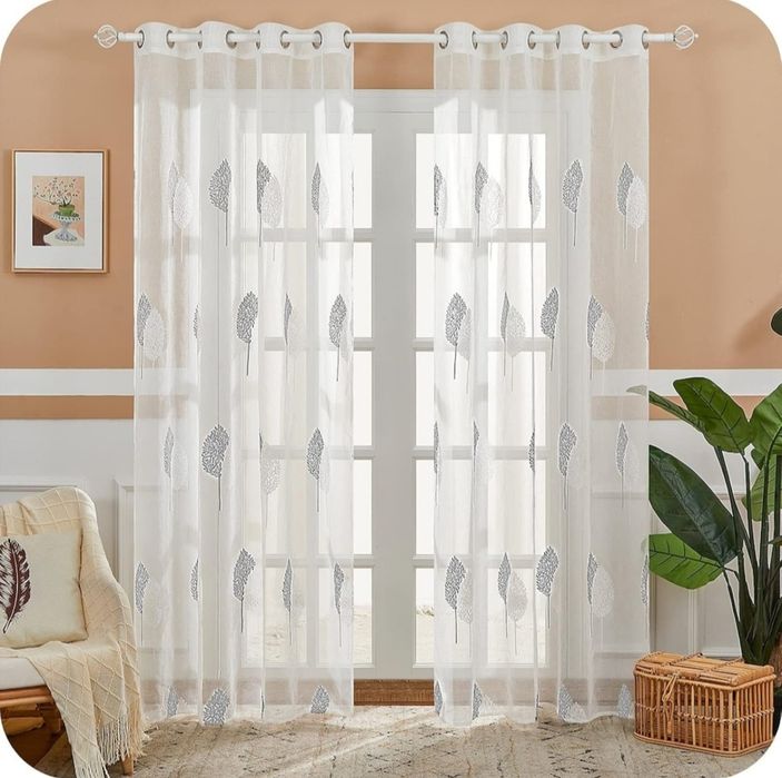 Perdele cu inele alb strălucitor, inserții frunze, doua bucăți