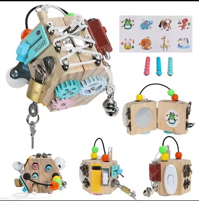 Ново Монтесори дървено кубче с активности