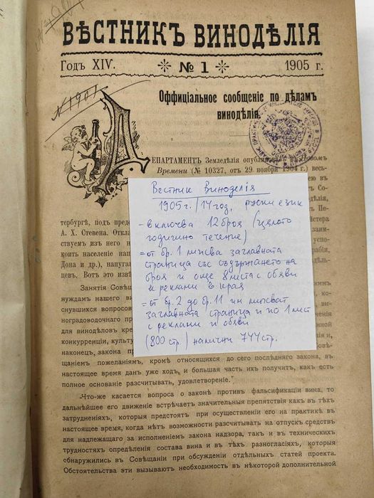 1905 Вестник ВИНОДЕЛИЕ Цяло Годишно Течение Руски Език