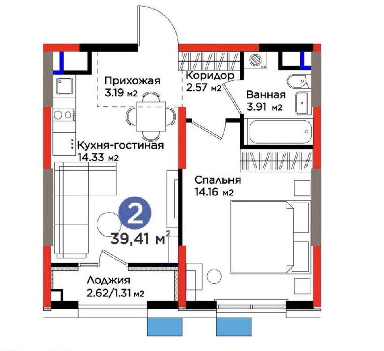 Коробка 40м², евро-двушка, ЖК Bi Sado Comfort, 6 этаж`