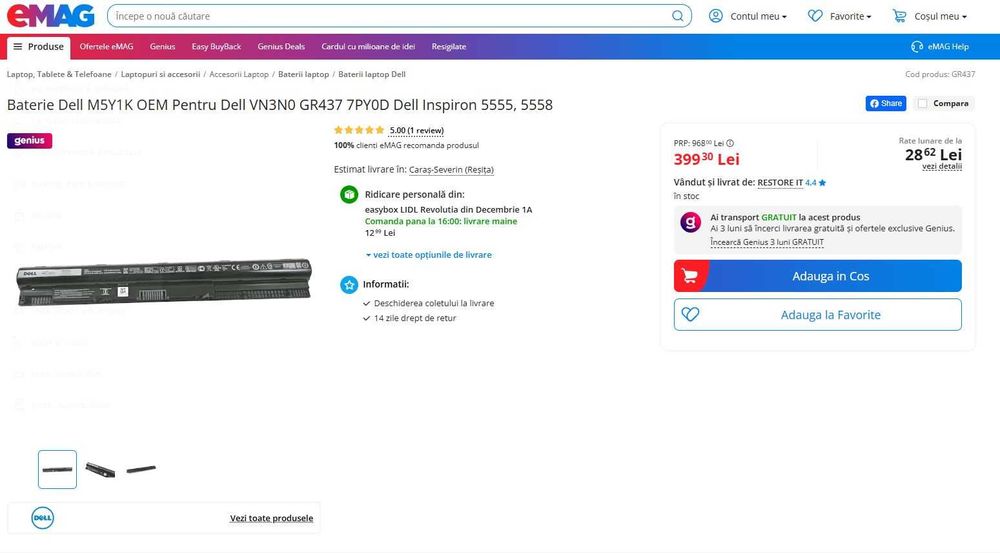 Baterie Dell M5Y1K Originala . noua