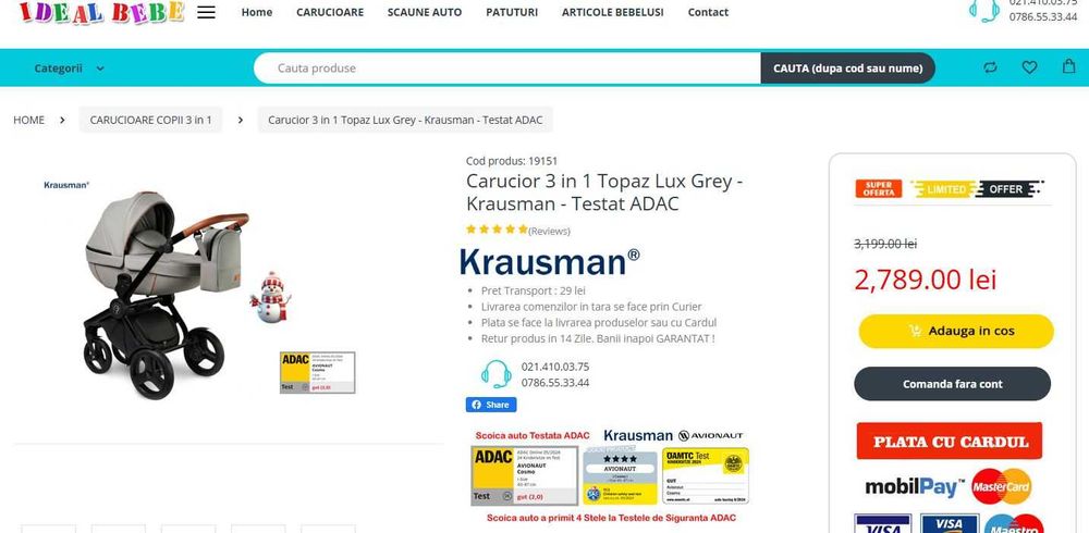 Carucior copii 3 in 1 Topaz Lux Grey - Krausman