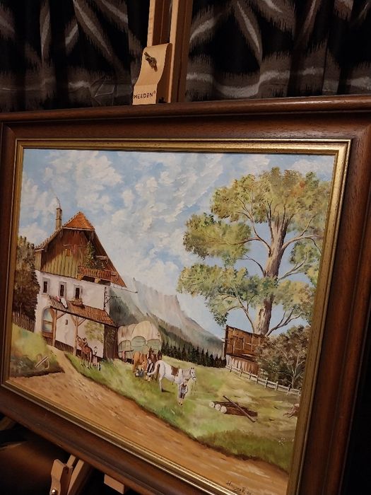 Ulei pe hardboard (1986) - Peisaj rural alpin Elveți/Austria– Semnat Hauser R.