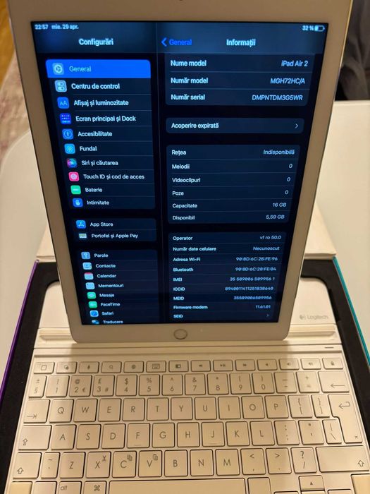 Apple IPAD AIR 2, argintie, 16 GB, impecabila cu tastatura Logitech