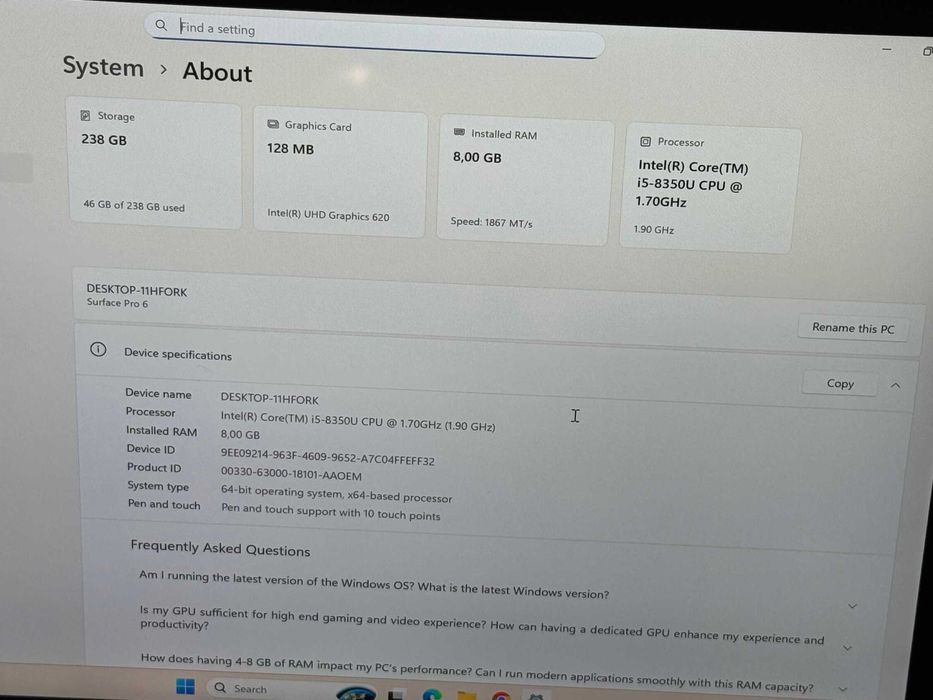 Microsoft Surface Pro 6 i5-8350U/8RAM/256SSD/UHD Graphics 620/QHD тъч