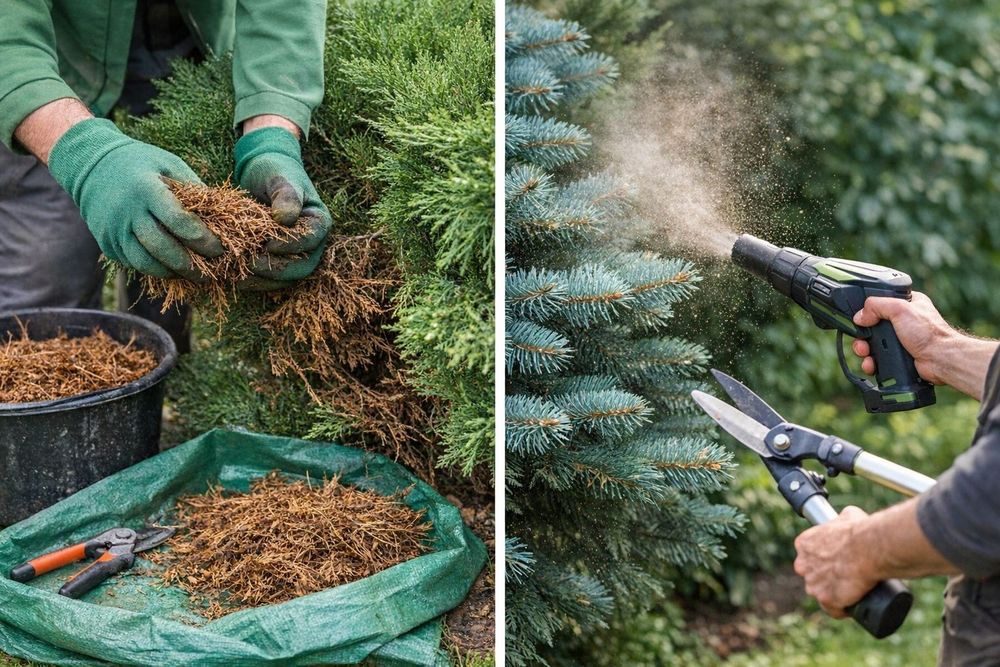 Чистка хвойных растений!!!