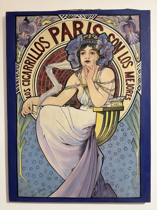 Tablou Art Nouveau – Reproducere pictată manual „Los Cigarrillos Paris” (Alphonse Mucha), 80x60 cm