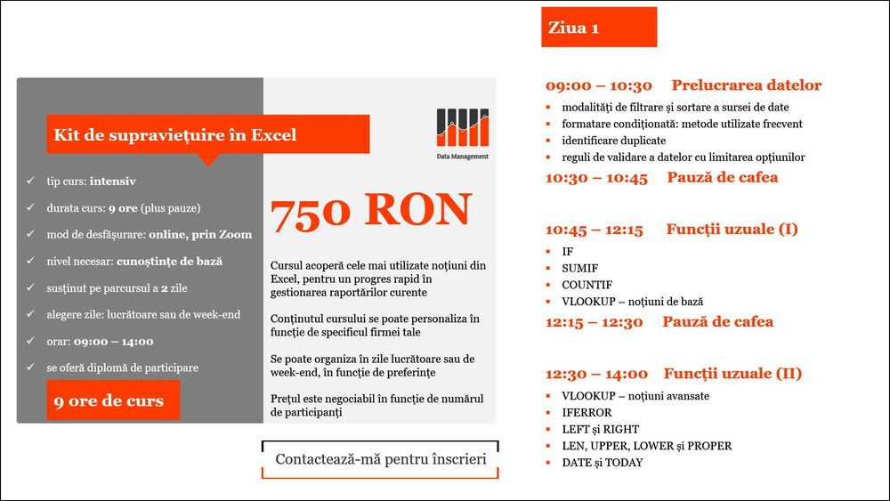 Consultanta Excel, meditatii Excel si curs Excel online de la 40 EUR