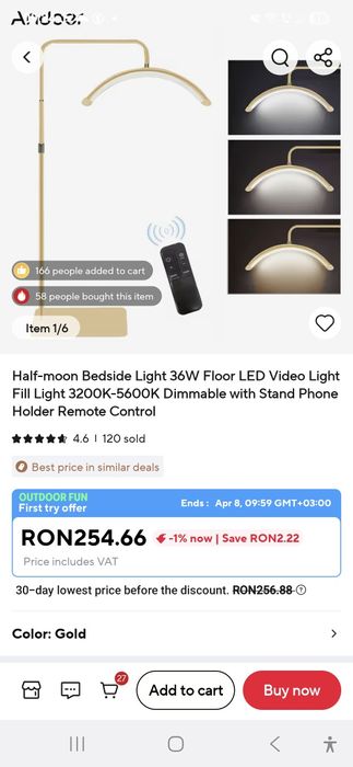 Lampă LED profesională Half Moon 36W cu stativ, lumină reglabilă 3200K-5600K, suport telefon,telecomandă – NOUĂ