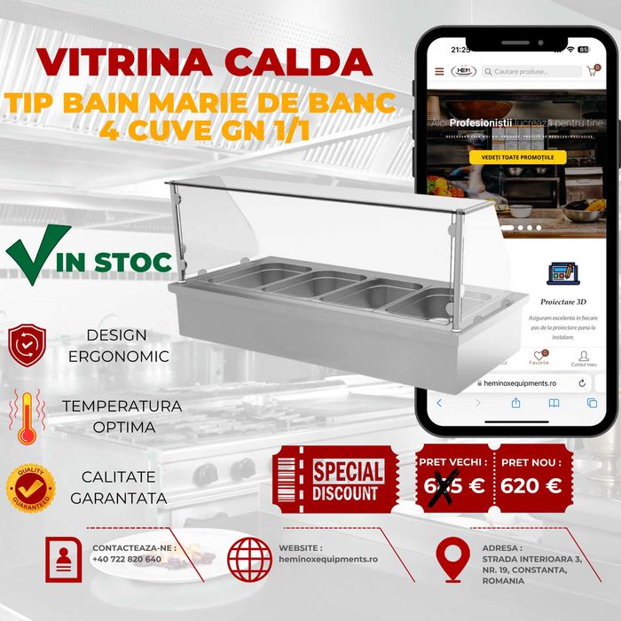 Vitrina Calda De Banc Inox (BAIN MARIE) 2,3,4,5,6 Cuve PE STOC