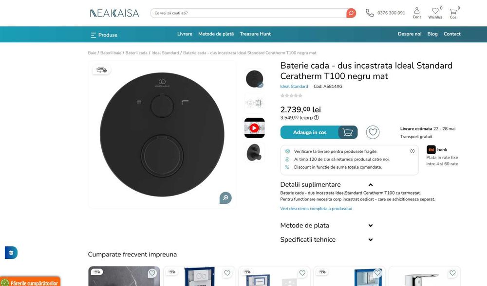 REDUS de la 2740RON, NOU* Baterie cada sau dus Ideal Standard Ceratherm T100, incastrata perete, Black