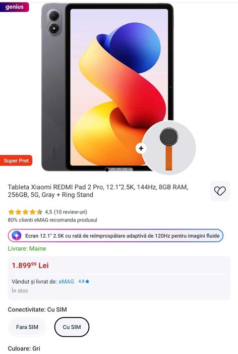 Tableta Xiaomi Redmi Pad 2 Pro, 8GB + 256GB, 5G Dual Sim, 12.1'' 2.5k 144Hz - Ca Noua