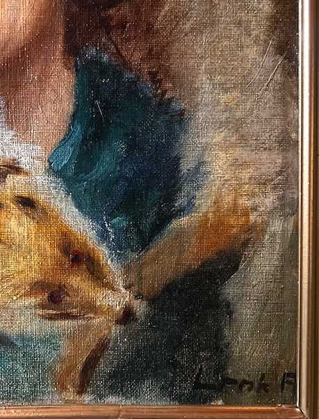 "DOAMNA CU GULER DE VULPE" Tablou f vechi, ulei/pz/c, semnat 50x36cm+R