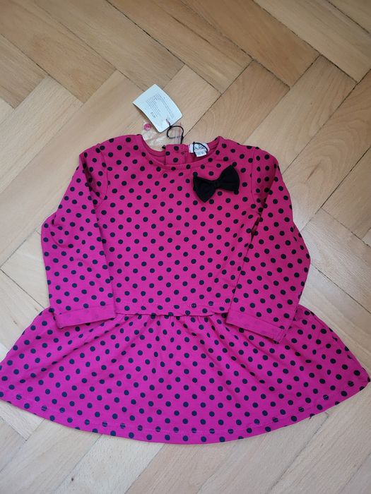 Rochie roz cu buline negre din 95% bumbac, pentru bebeluși, 9-12 luni, 74 cm, model Ladybug