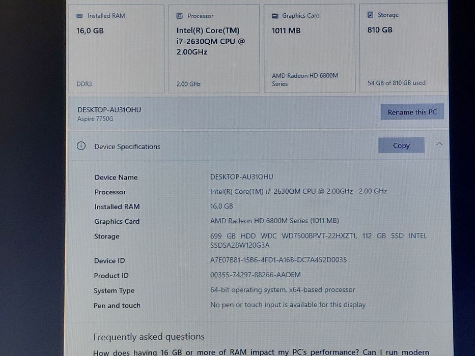 Laptop Acer 17.3 i7 2630QM 2.0/2.9Ghz, 16GB, 120GB SSD+750GB, Radeon HD 6850M 1GB, Win10 Office 2024
