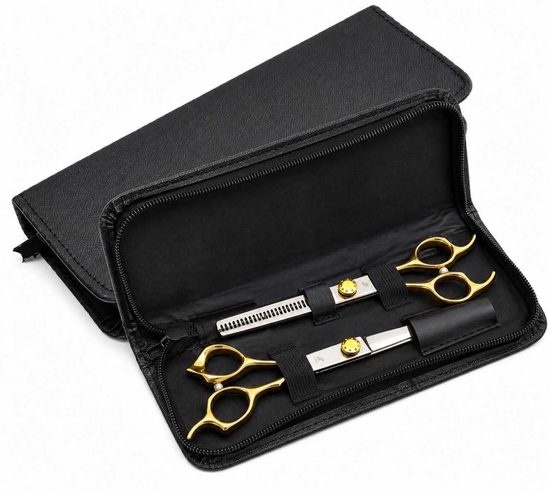 Set 2 Foarfece Profesionale NEPURLson JS 6 inch (17.5cm), Tuns si Filat, 6CR, 62 HRC, Manere Aurii, Husa Neagra
