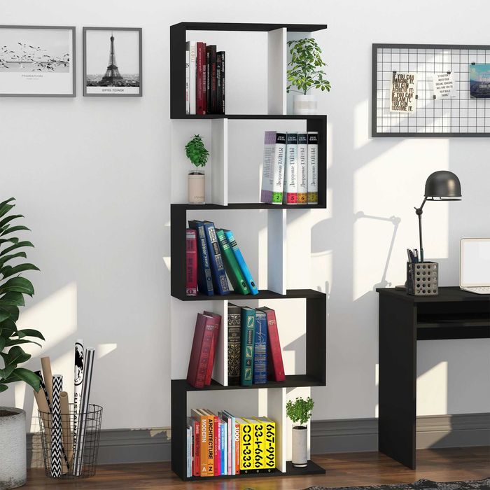 Biblioteca Moderna , 5 rafturi , Alb/Negru , HOMCOM , x2 bucati disponibile
