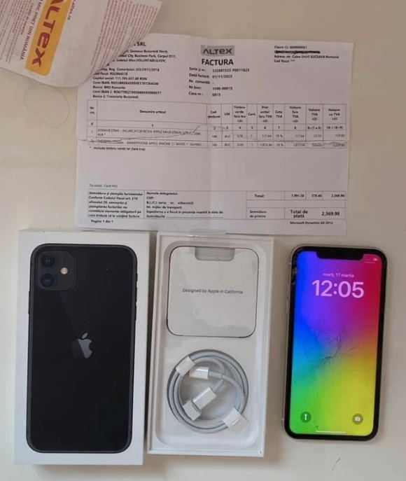 iPhone 11 64GB alb, Face ID funcțional, baterie 90%, ecran crăpat