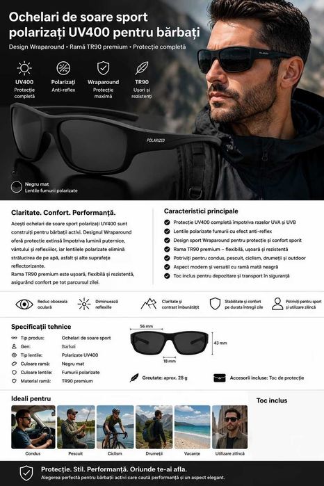 Ochelari de soare polarizati UV400 barbati sport Wraparound, TR90 ultrausor, lentile fumurii anti-reflex, pentru condus, pescuit, ciclism