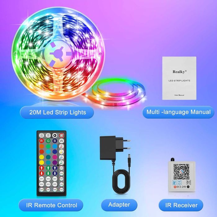 LED лента, 20M гъвкава RGB LED лента за декорация на стая, Bluetooth приложение за управление