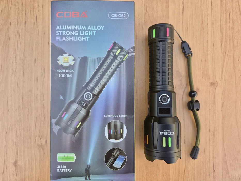 Мощен Алуминиев LED Фенер COBRA CB-G62 100W 1000m Осветяване, 9800mAh