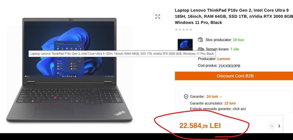 Lenovo ThinkPad P16v Gen2 16" UHD+ 800 Ultra 9 185H 64GB RTX 3000 1TB