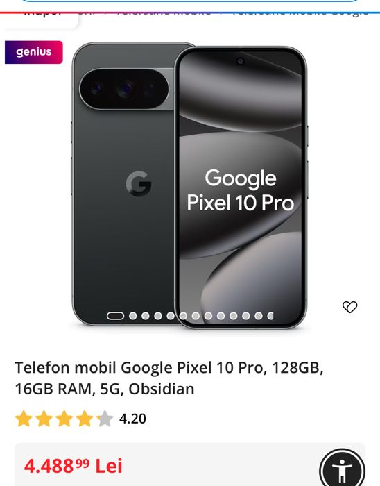 Google Pixel 10 Pro, 128GB, 16GB RAM, 5G, Obsidian, sigilat + stand charger