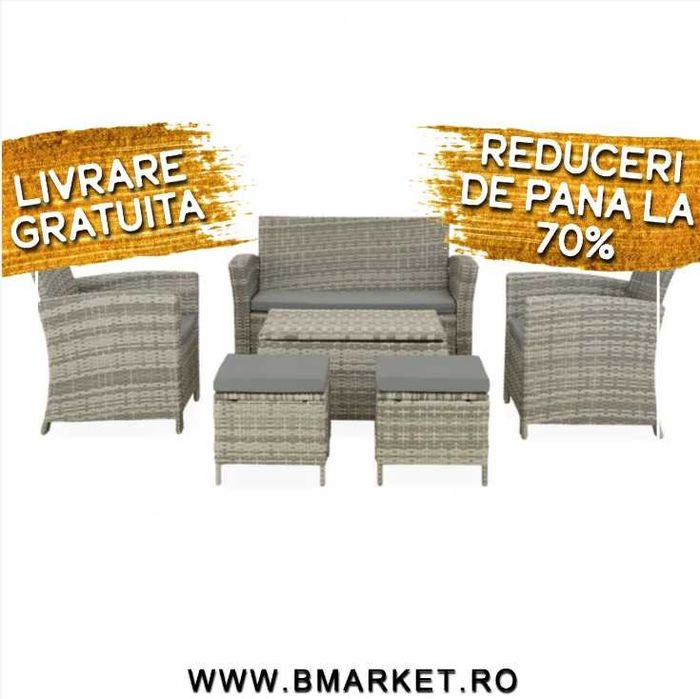 Set mobilier gradina/terasa 2 fotolii + canapea + 2 taburete si masa