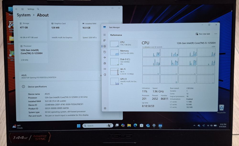 15.6' 144hz Asus TUF Intel Core i5-12500H/16GB/512GB SSD/Бат.5ч./Intel