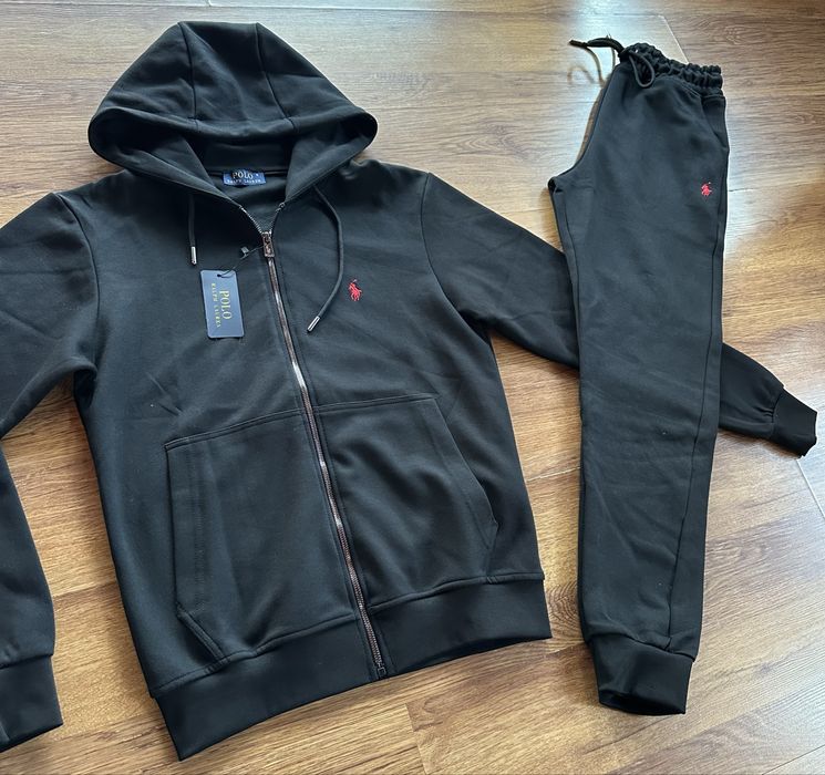 Мъжки,памучен,черен екип Ralph Polo с качулка и бродирано лого