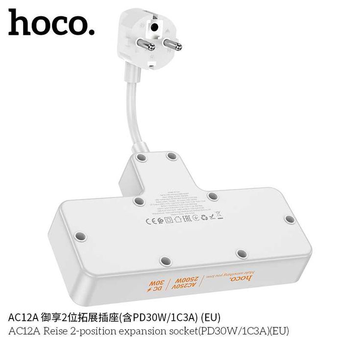 Hoco AC12A Reise Сетевой фильтр 2 розетками и USB-портами PD30W EU/GER