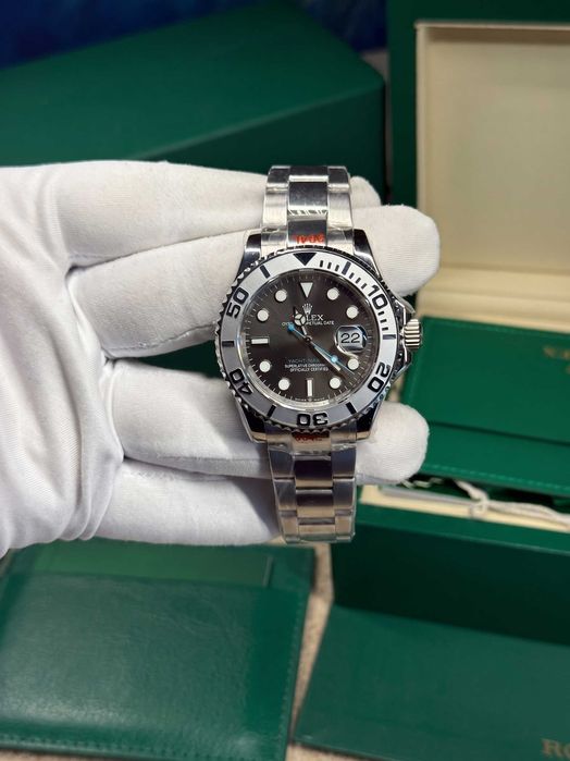 Rolex Yacht-Master, Stainless Steel & Platinum Bezel, Slate Dial with Blue Accents on Oyster Bracelet — 40mm
