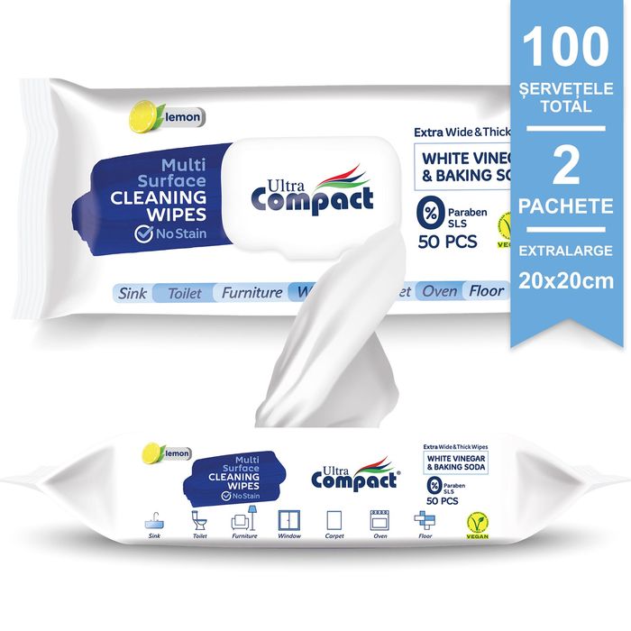 2 Pachete, Servetele Umede Multi-Suprafete cu Otet si Bicarbonat