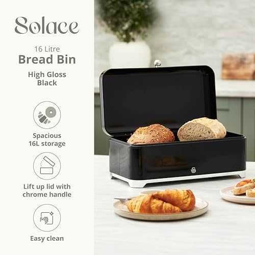 Нова голяма Черна кутия за хляб 16L Swan Solace кухненско съхранение с повдигащ капак