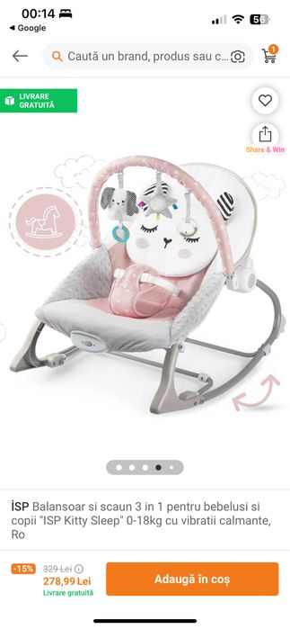 Balansoar si scaun 3 in 1 pt bebelusi cu vibratii calmante