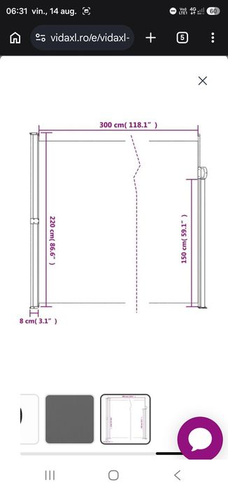Copertină laterală retractabilă antracit 220x300 cm
