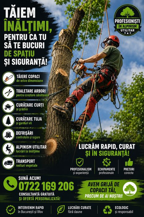 Taiere/toaletare copaci cu alpinisti program 24/7 taiere brazi