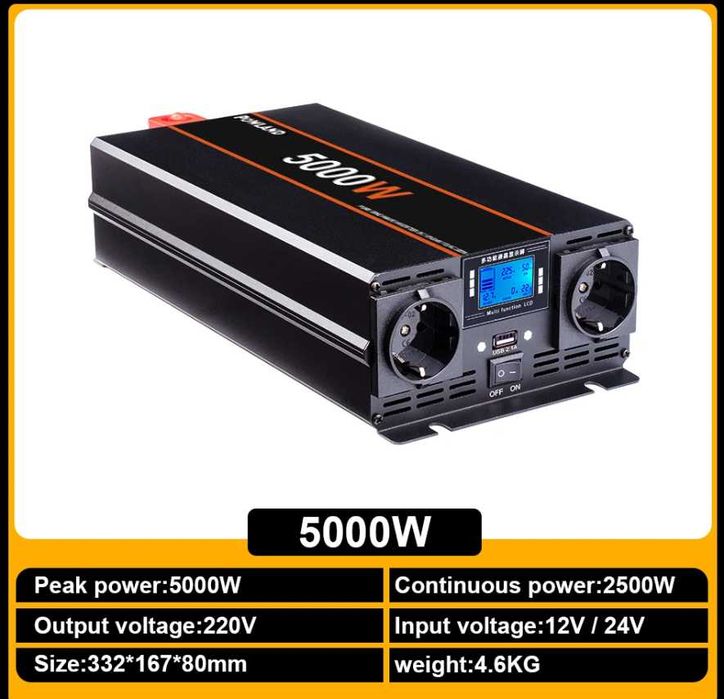 Чист синусоидален инвертор 5000W DC 12V/24V към AC 220V с дистанционно