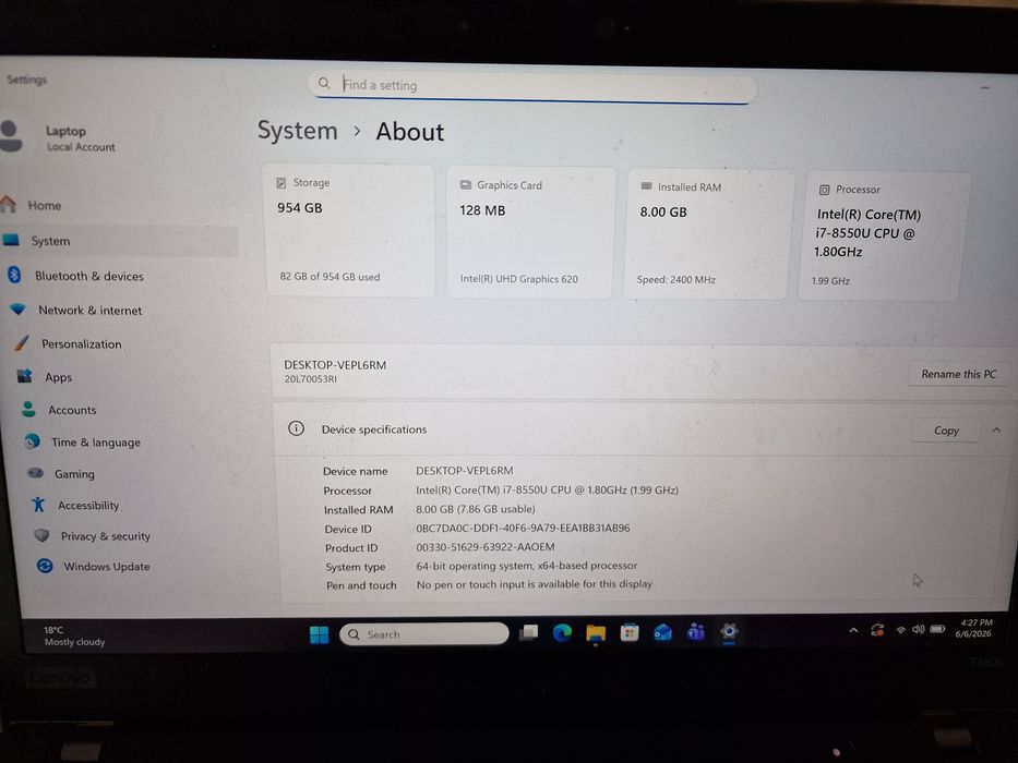 Laptop lenovo t480s, i7, 2560x1440