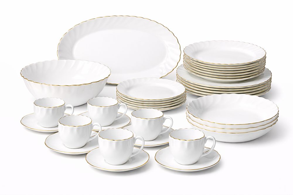 Set serviciu masa Opal 31 piese, 6 persoane, alb cu margine aurie, farfurii si cesti incluse, model Premium ZLine, elegant, ideal pentru cadou